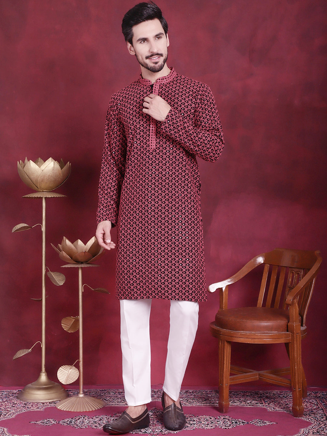 Men's Sequins Embroidered Kurta with Pyjama - Taantav