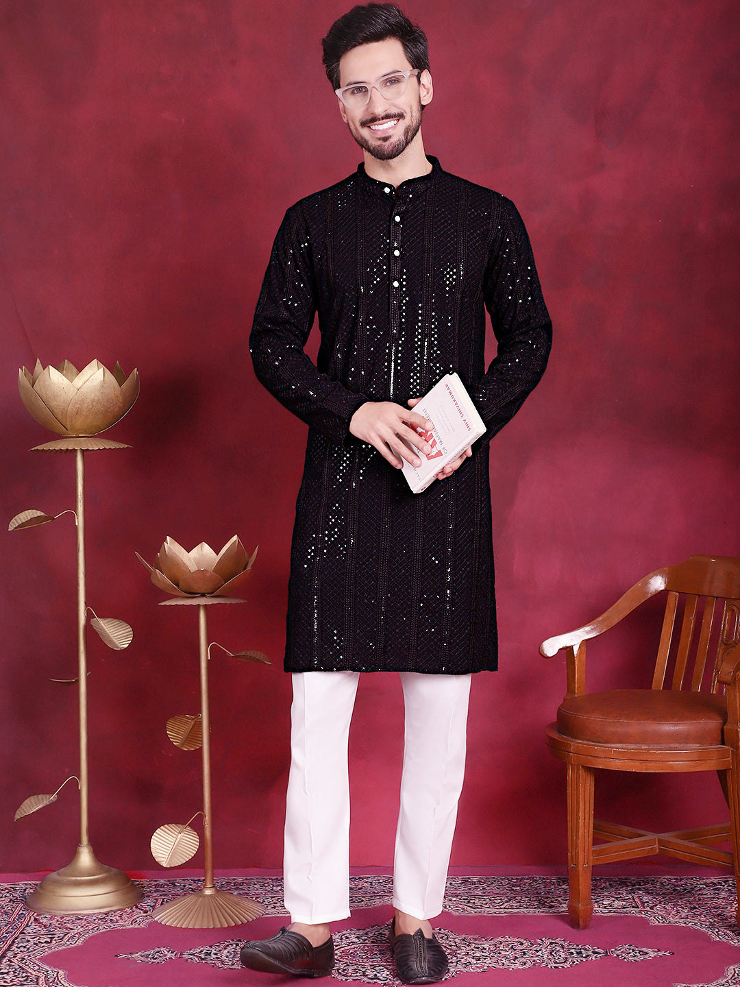 Men's Sequins Chikankari Embroidered Kurta with Pyjama - Taantav