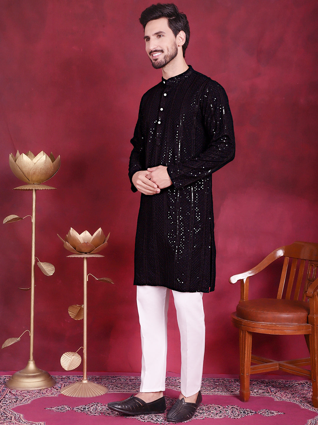 Men's Sequins Chikankari Embroidered Kurta with Pyjama - Taantav