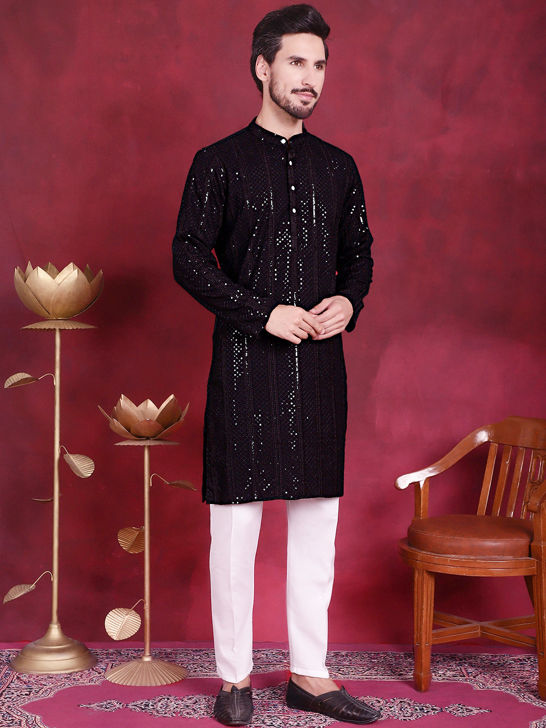 Men's Sequins Chikankari Embroidered Kurta with Pyjama - Taantav