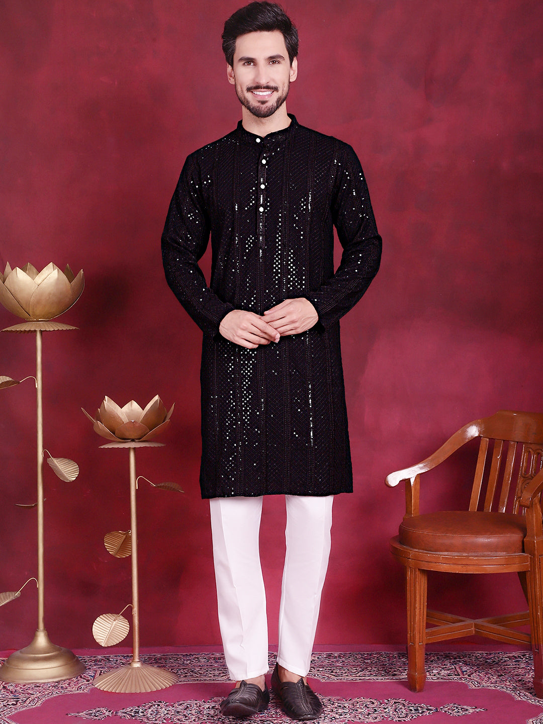 Men's Sequins Chikankari Embroidered Kurta with Pyjama - Taantav