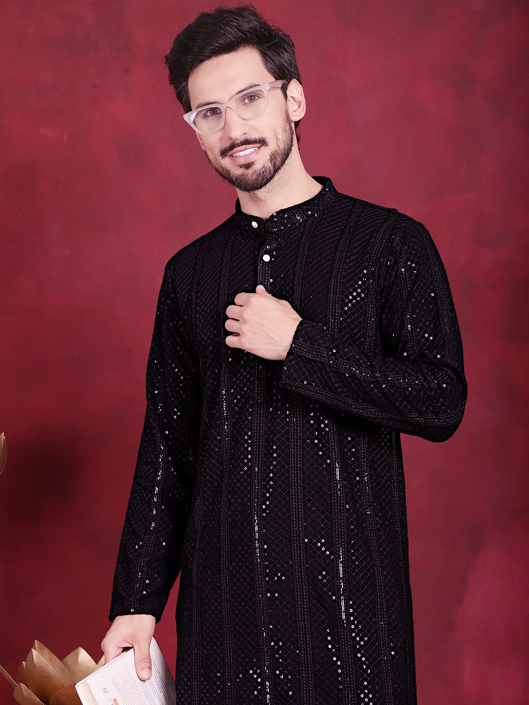 Men's Sequins Chikankari Embroidered Kurta with Pyjama - Taantav