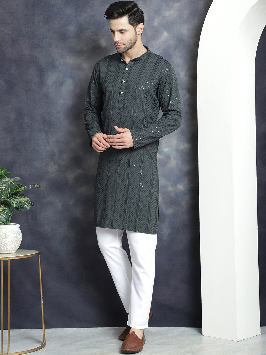 Men's Sequins Chikankari Embroidered Kurta with Pyjama - Taantav