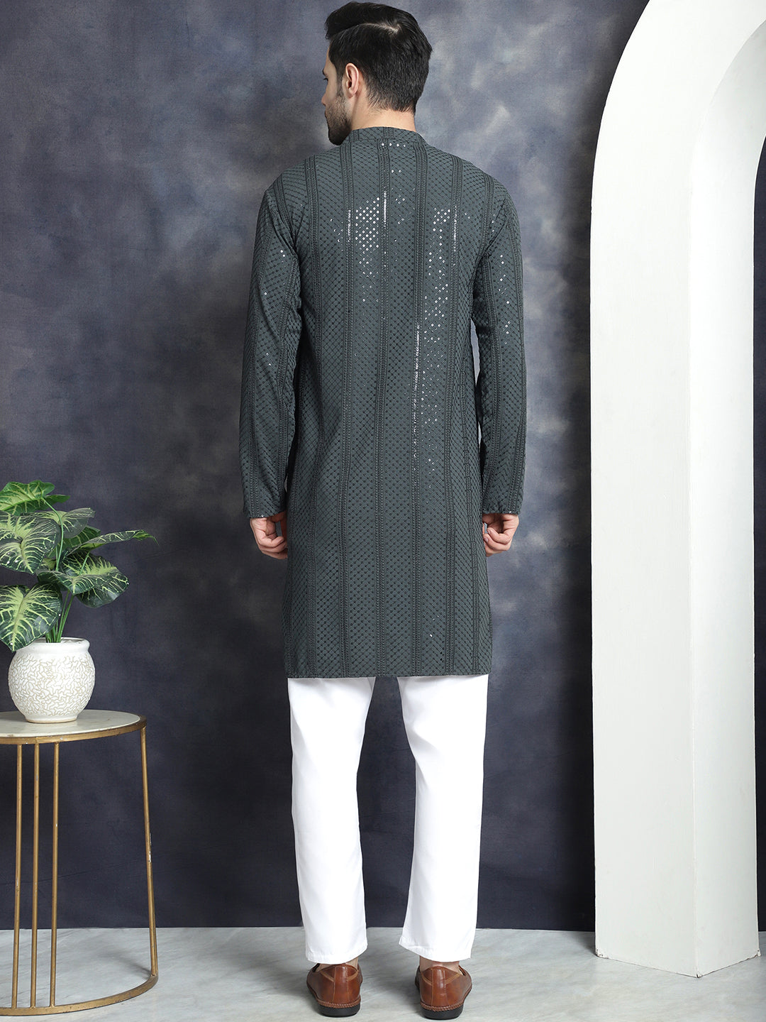 Men's Sequins Chikankari Embroidered Kurta with Pyjama - Taantav