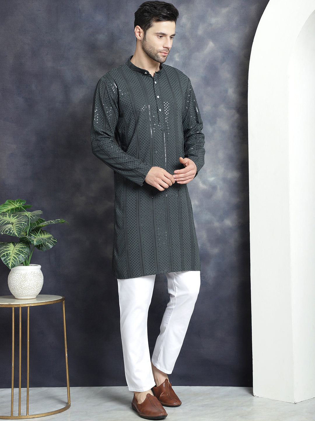 Men's Sequins Chikankari Embroidered Kurta with Pyjama - Taantav