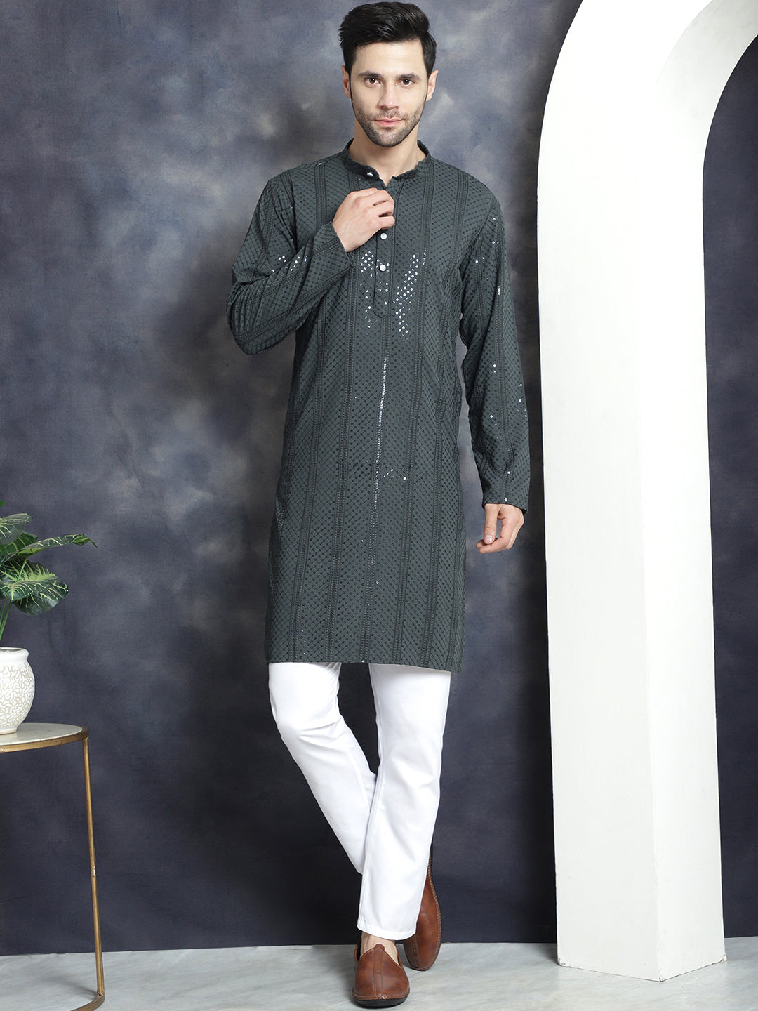 Men's Sequins Chikankari Embroidered Kurta with Pyjama - Taantav