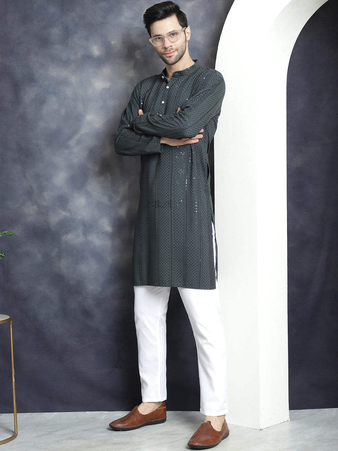 Men's Sequins Chikankari Embroidered Kurta with Pyjama - Taantav