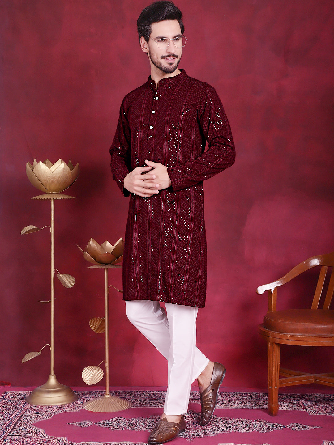 Men's Sequins Chikankari Embroidered Kurta with Pyjama - Taantav