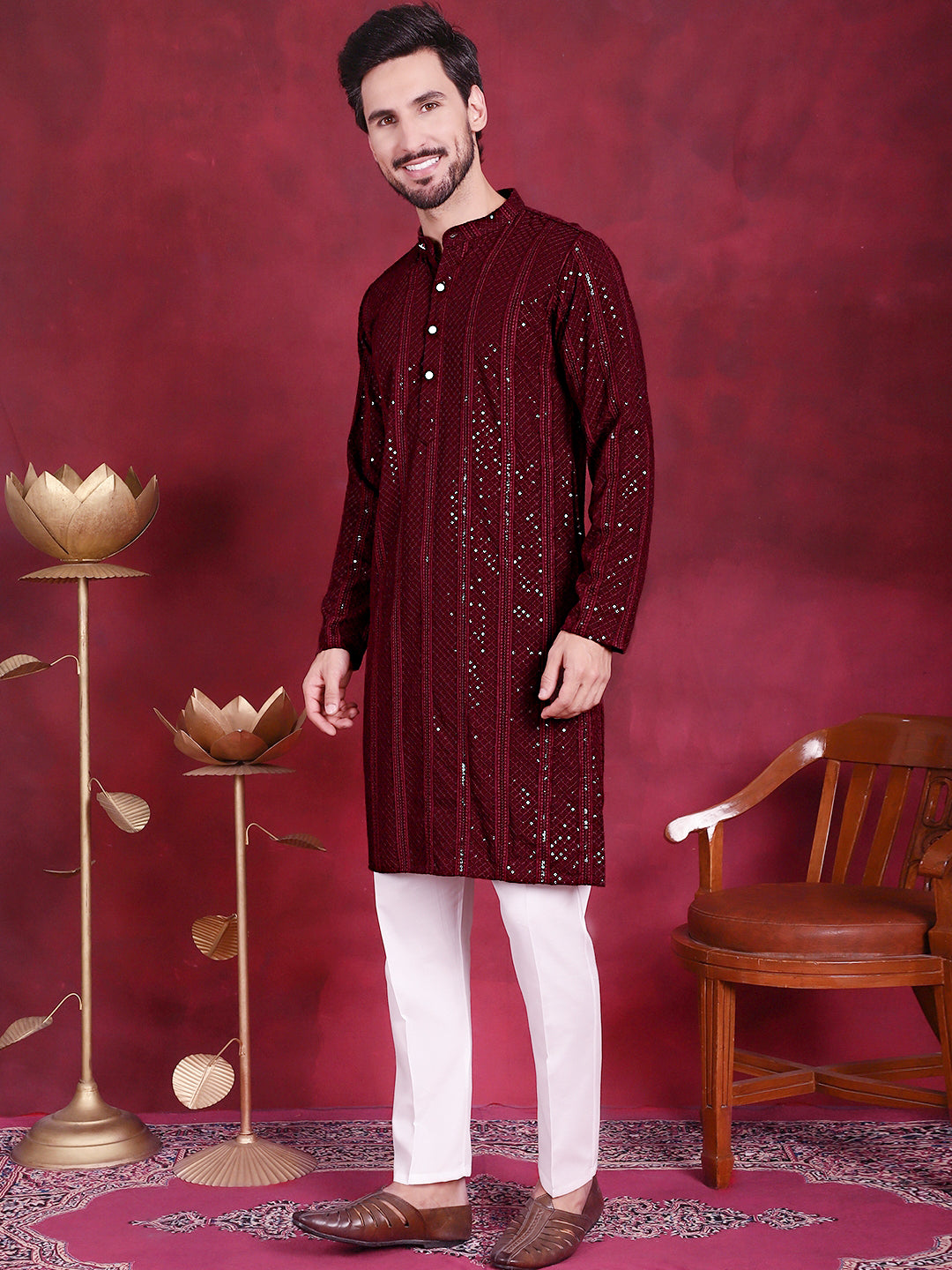 Men's Sequins Chikankari Embroidered Kurta with Pyjama - Taantav