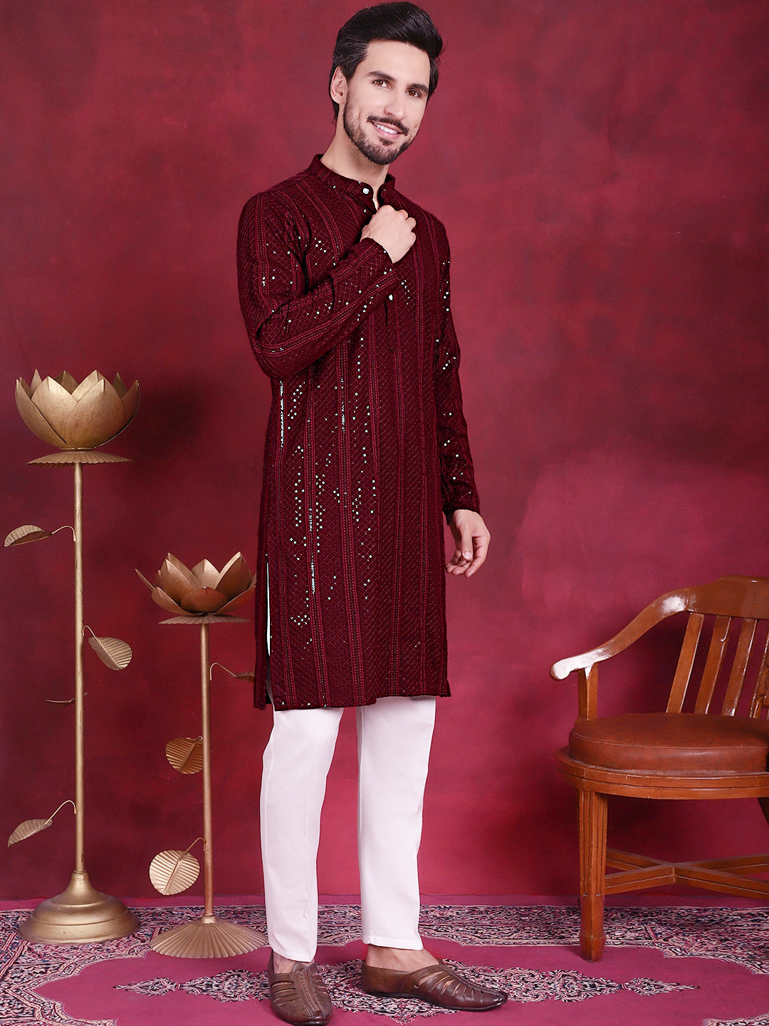 Men's Sequins Chikankari Embroidered Kurta with Pyjama - Taantav