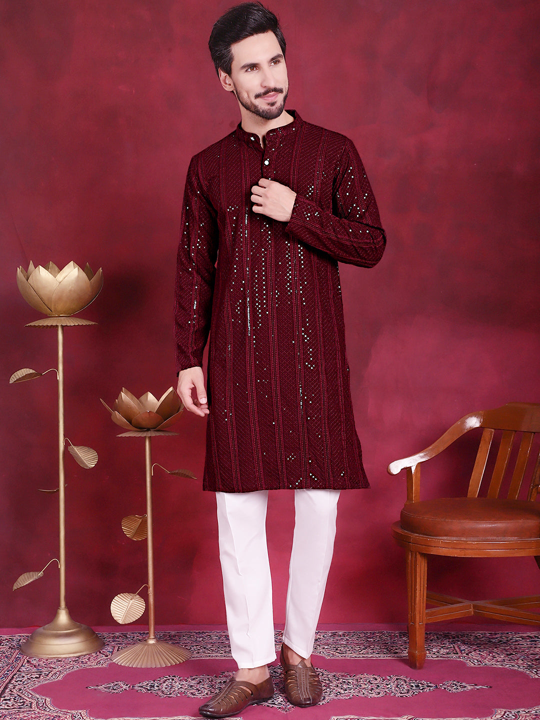 Men's Sequins Chikankari Embroidered Kurta with Pyjama - Taantav