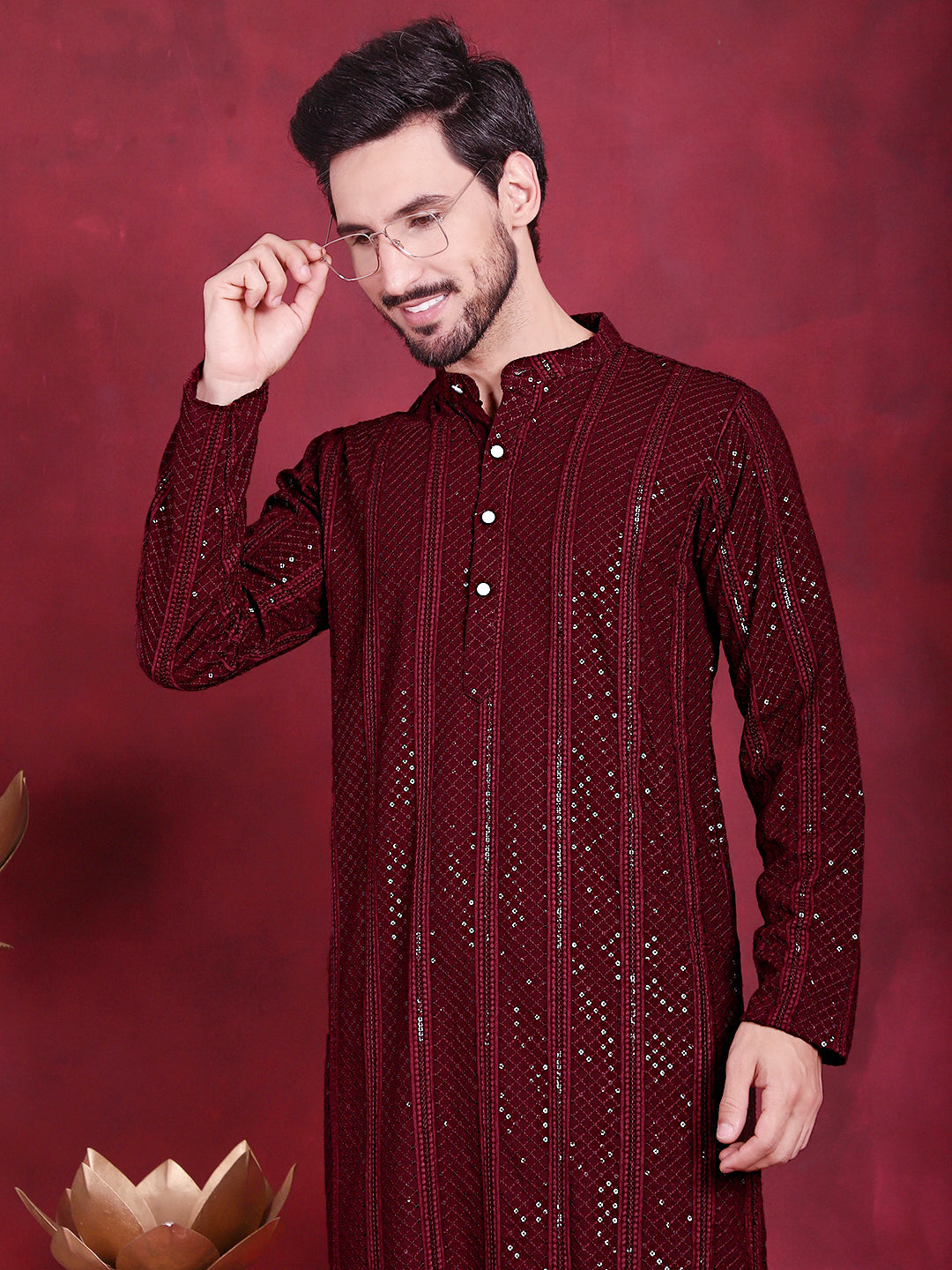 Men's Sequins Chikankari Embroidered Kurta with Pyjama - Taantav