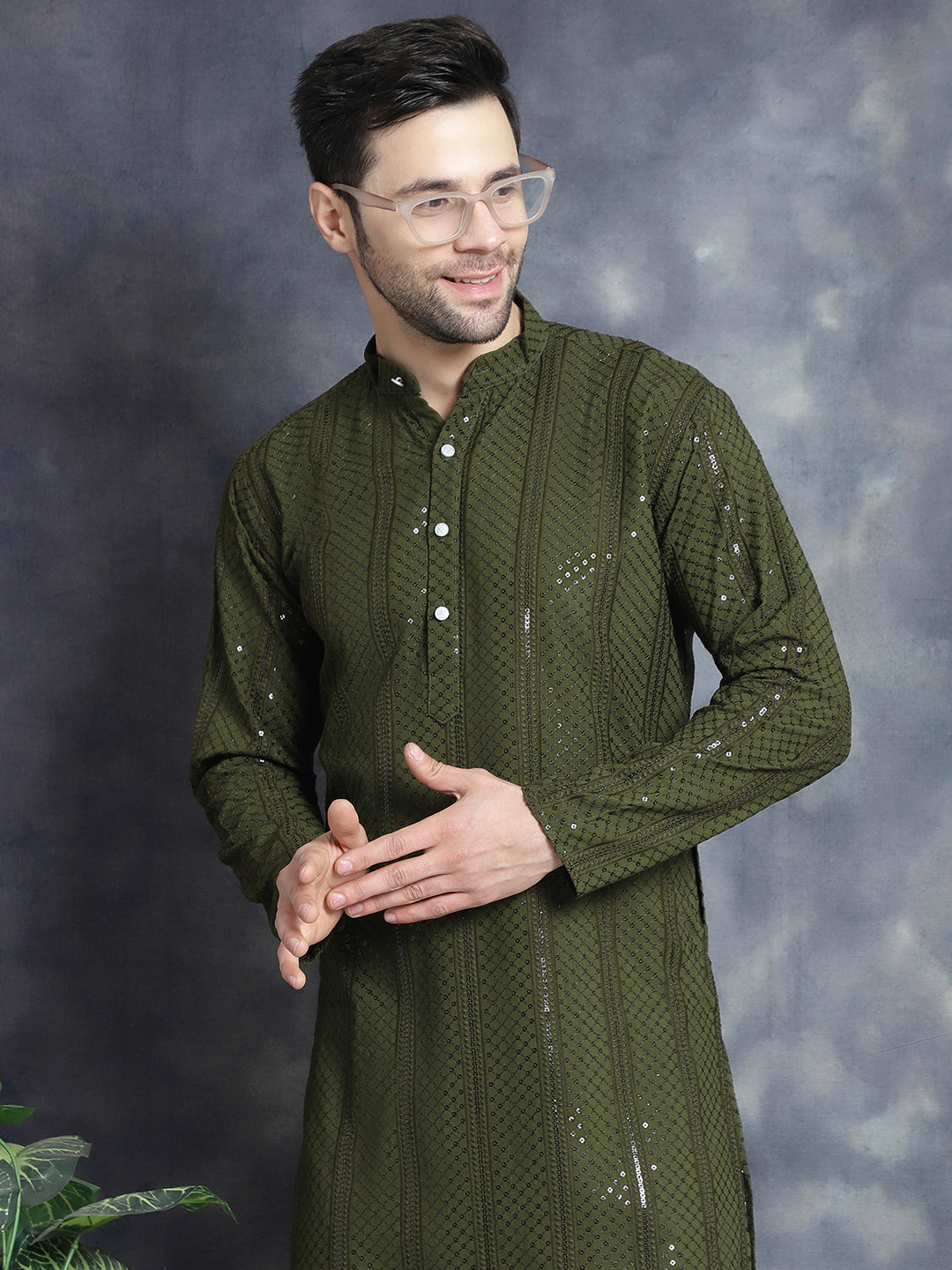 Men's Sequins Chikankari Embroidered Kurta with Pyjama - Taantav