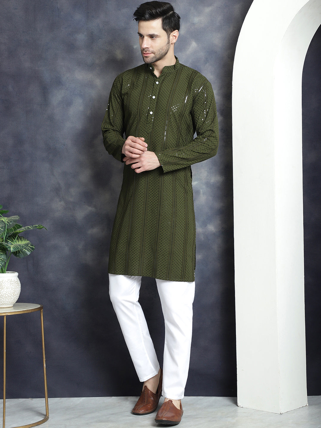 Men's Sequins Chikankari Embroidered Kurta with Pyjama - Taantav