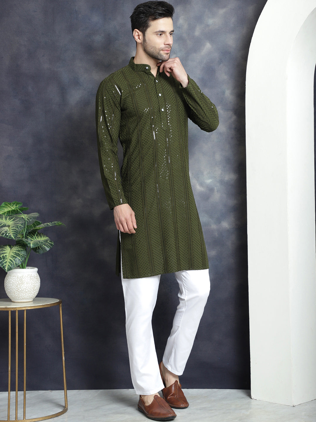 Men's Sequins Chikankari Embroidered Kurta with Pyjama - Taantav