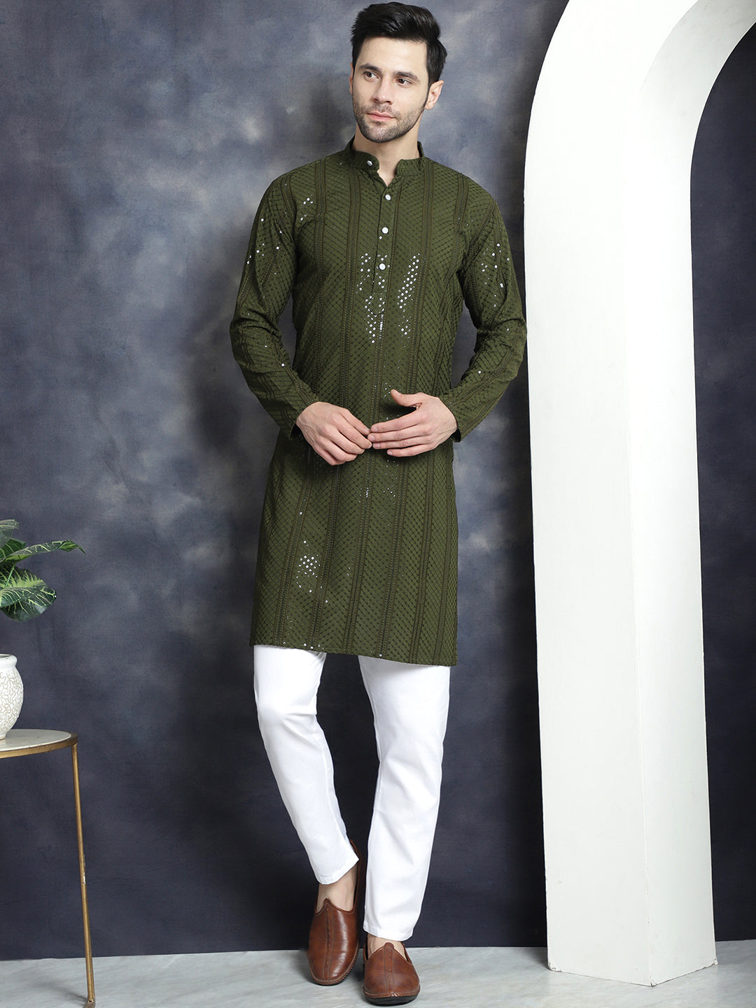 Men's Sequins Chikankari Embroidered Kurta with Pyjama - Taantav