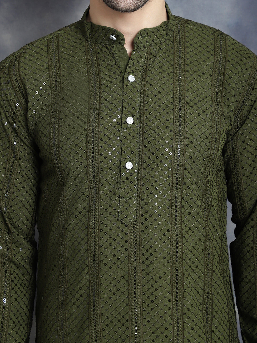 Men's Sequins Chikankari Embroidered Kurta with Pyjama - Taantav