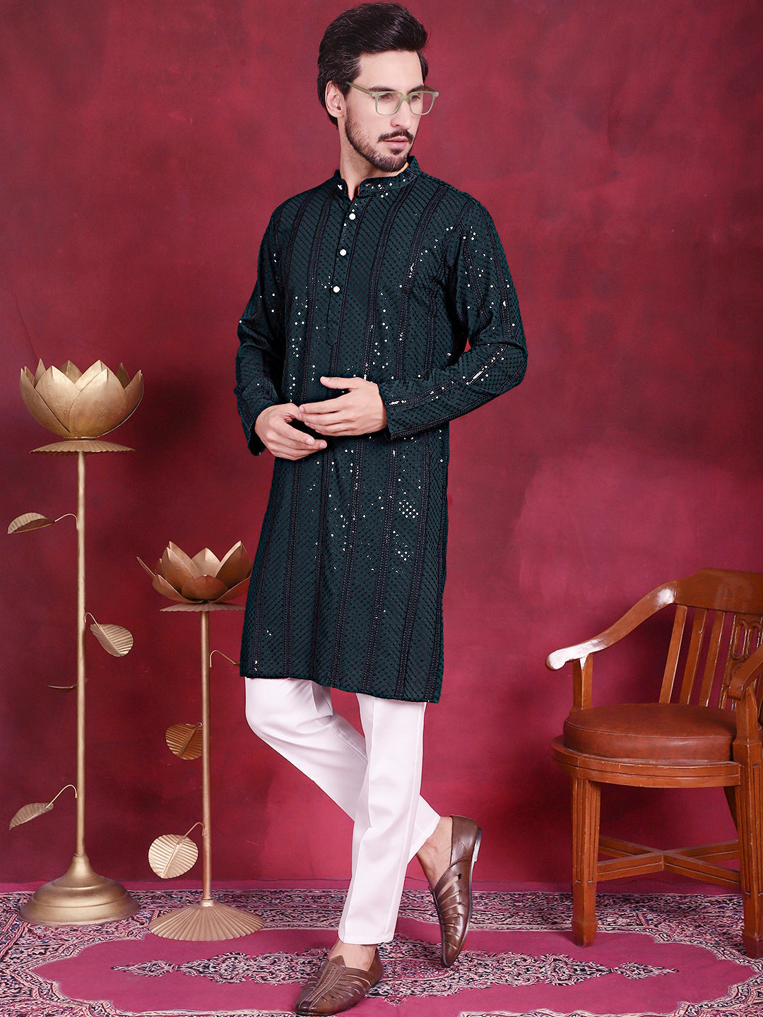 Men's Sequins Chikankari Embroidered Kurta with Pyjama - Taantav