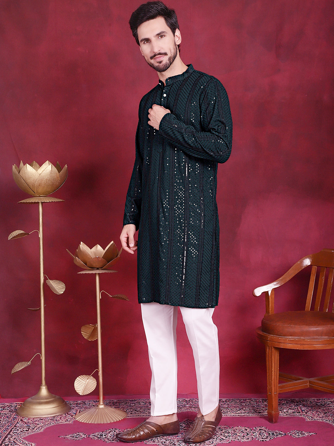 Men's Sequins Chikankari Embroidered Kurta with Pyjama - Taantav