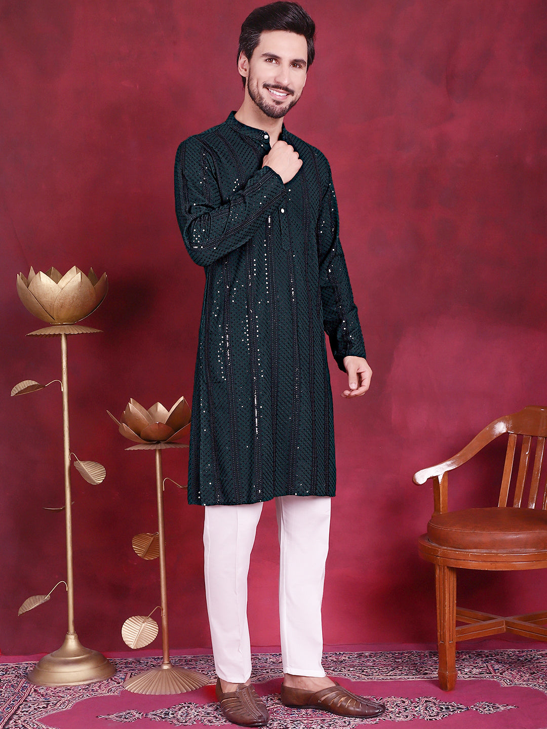 Men's Sequins Chikankari Embroidered Kurta with Pyjama - Taantav