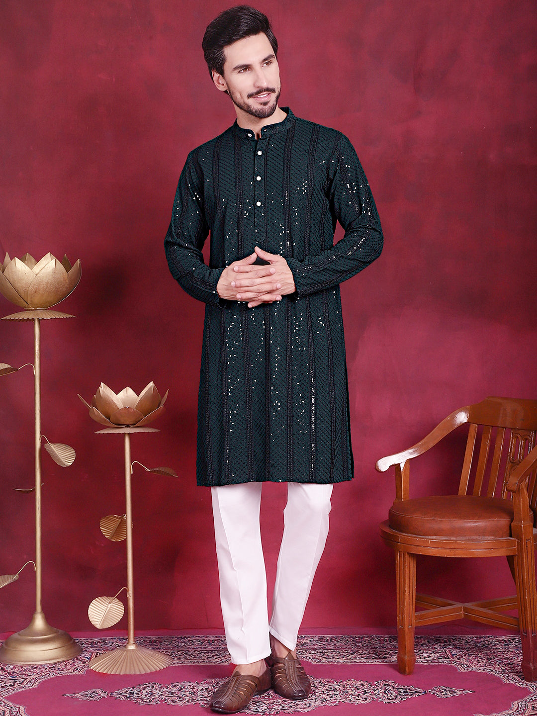 Men's Sequins Chikankari Embroidered Kurta with Pyjama - Taantav