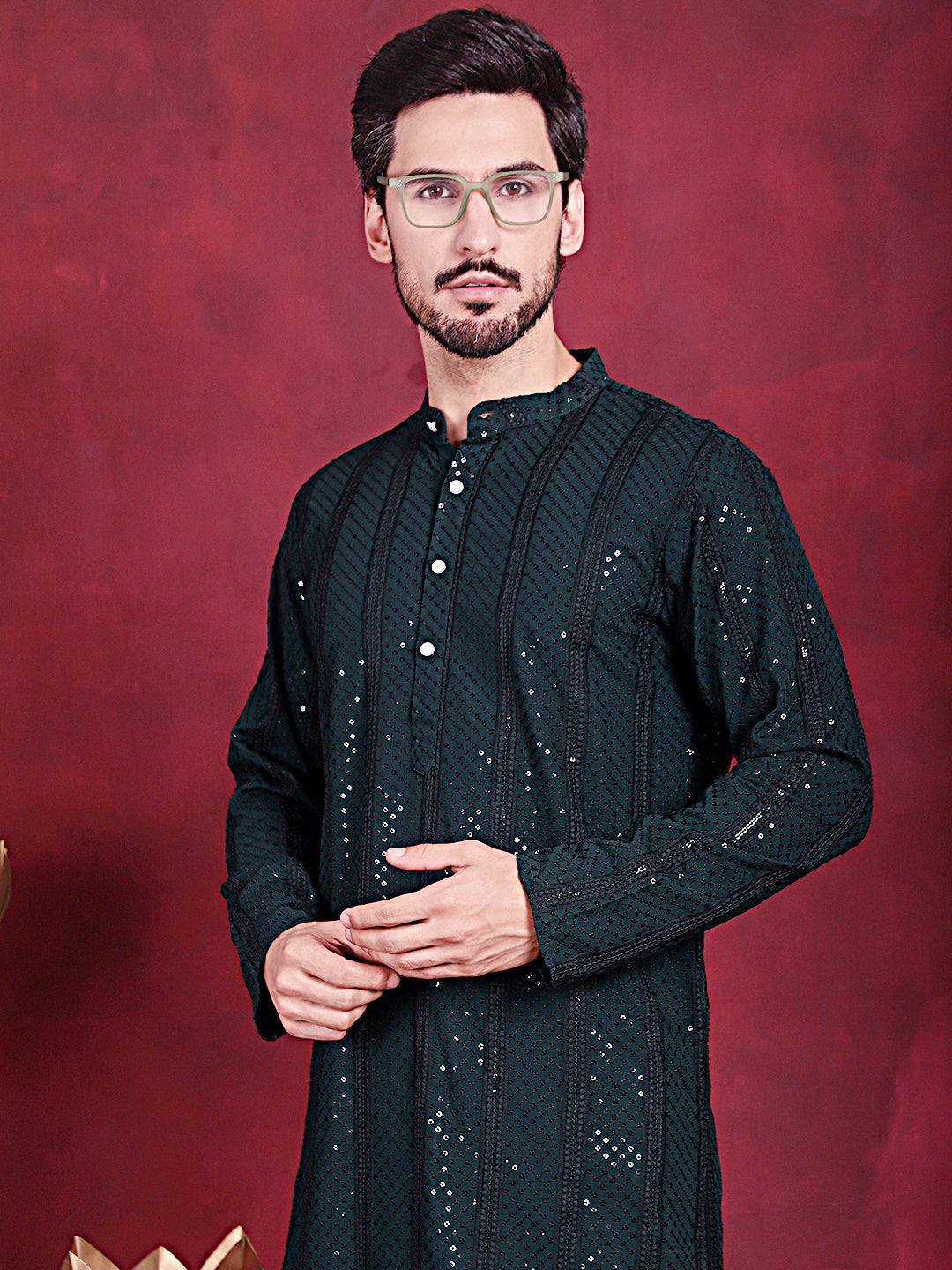 Men's Sequins Chikankari Embroidered Kurta with Pyjama - Taantav