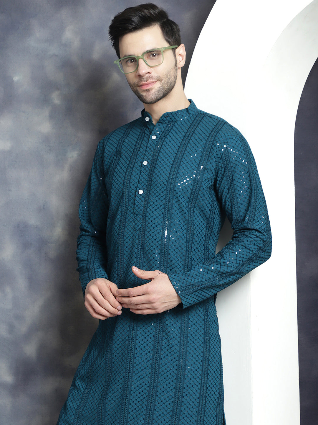 Men's Sequins Chikankari Embroidered Kurta with Pyjama - Taantav