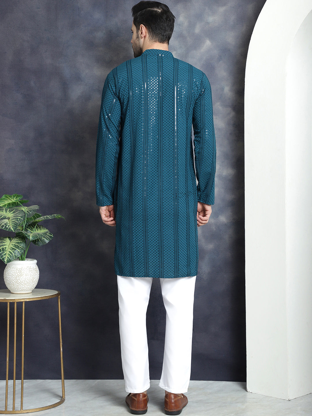 Men's Sequins Chikankari Embroidered Kurta with Pyjama - Taantav