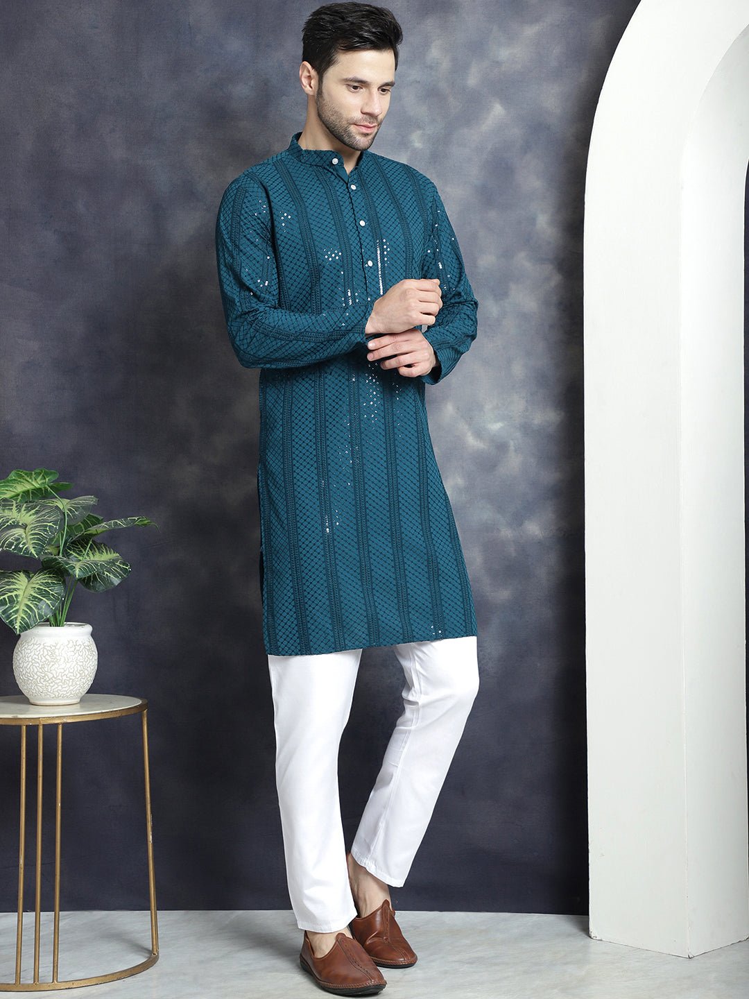 Men's Sequins Chikankari Embroidered Kurta with Pyjama - Taantav