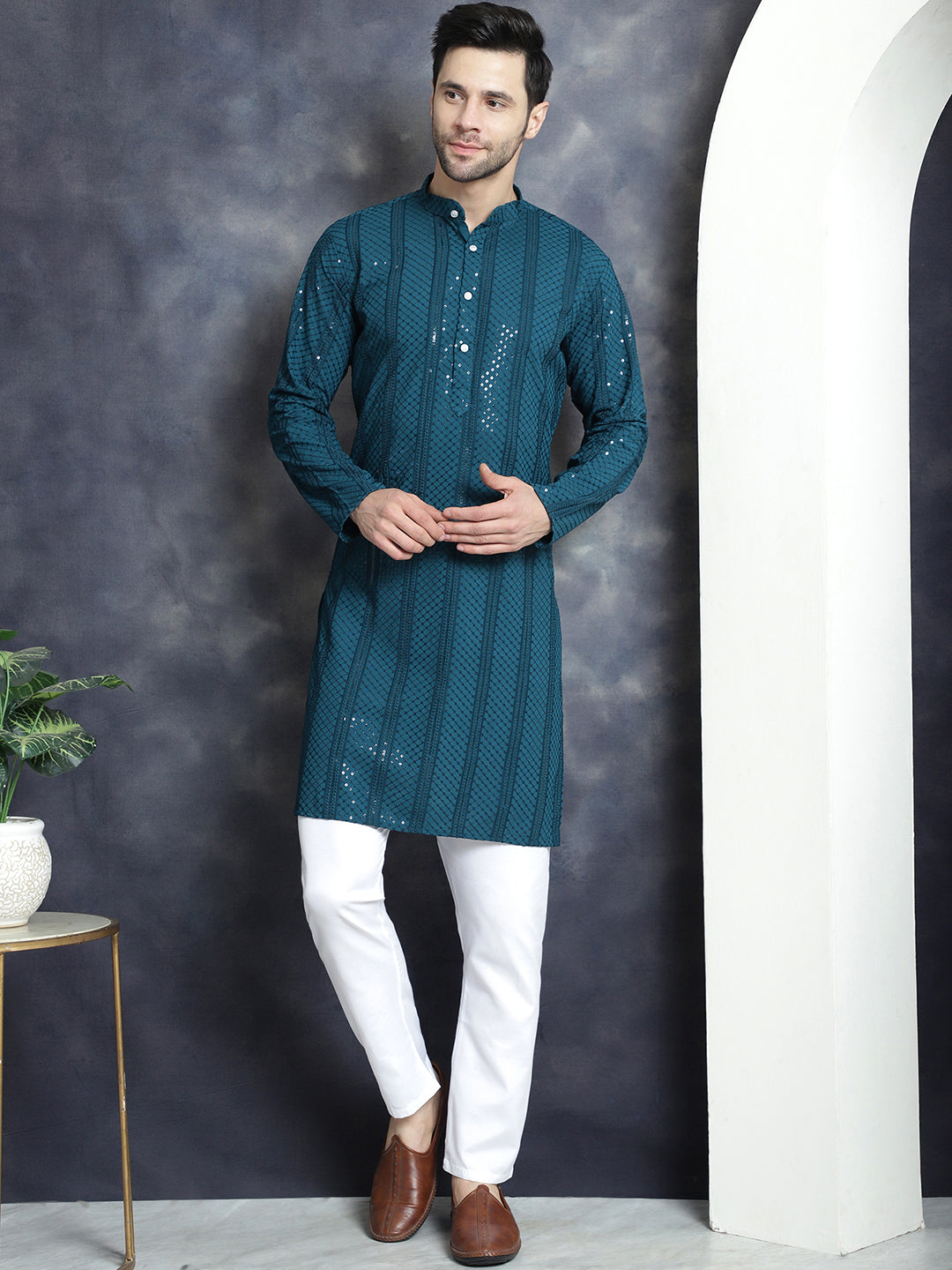 Men's Sequins Chikankari Embroidered Kurta with Pyjama - Taantav