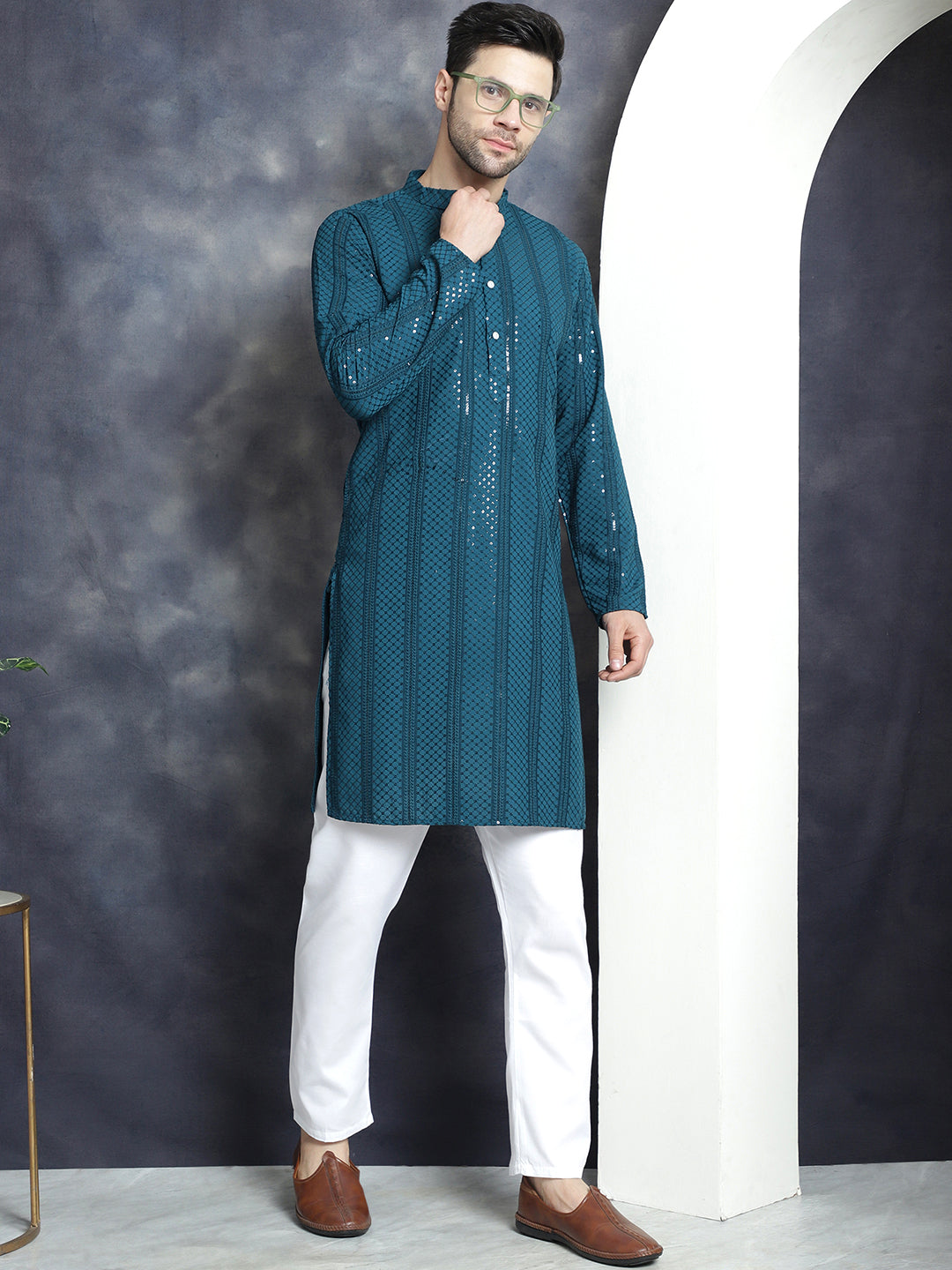 Men's Sequins Chikankari Embroidered Kurta with Pyjama - Taantav