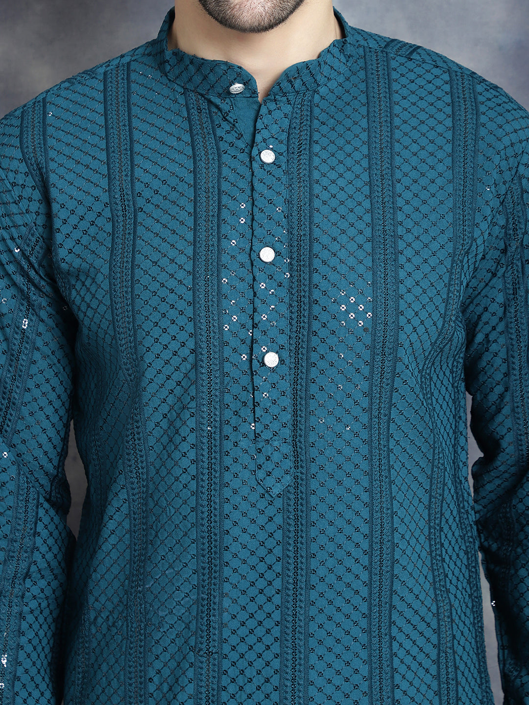 Men's Sequins Chikankari Embroidered Kurta with Pyjama - Taantav