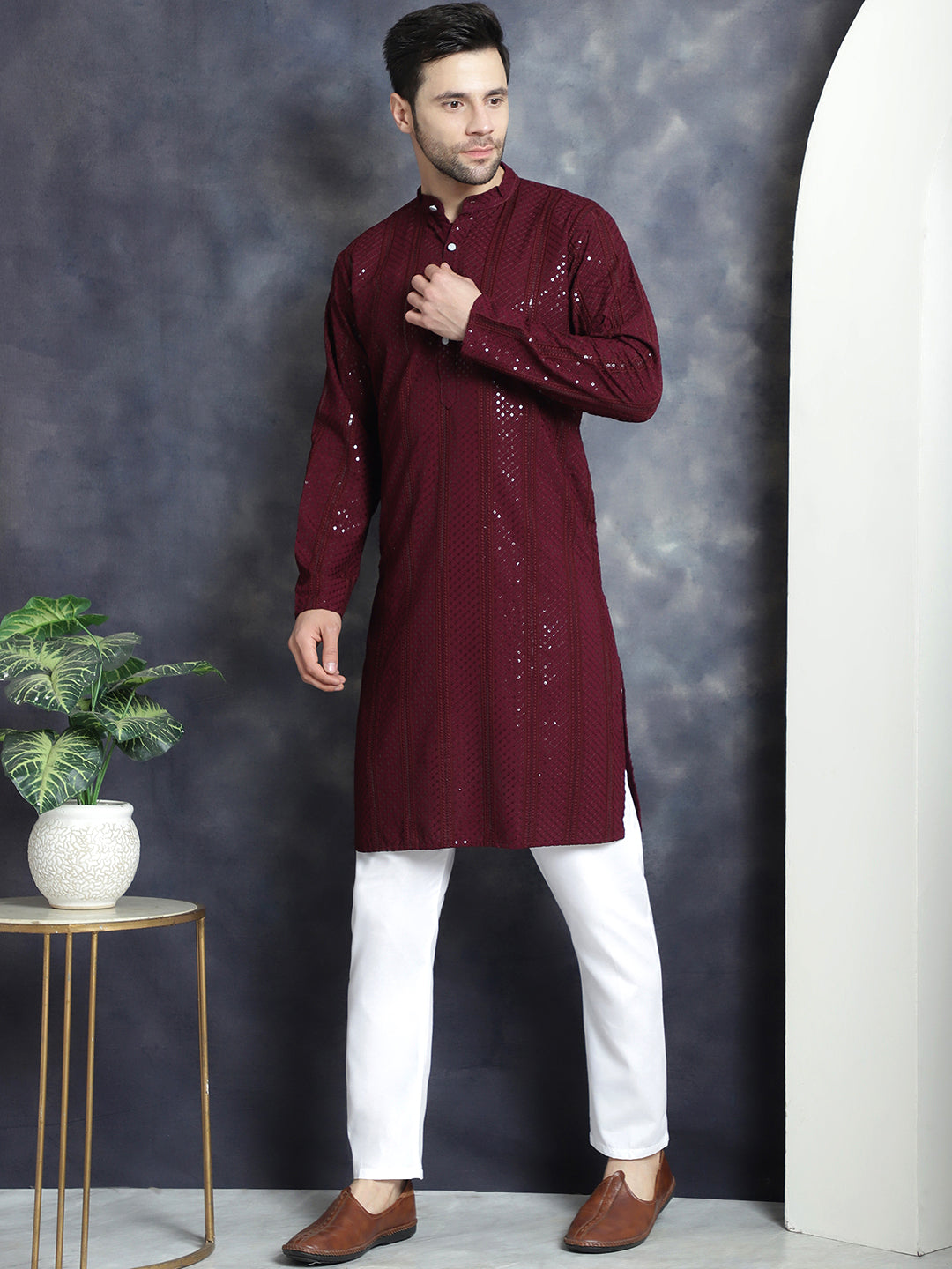 Men's Sequins Chikankari Embroidered Kurta with Pyjama - Taantav