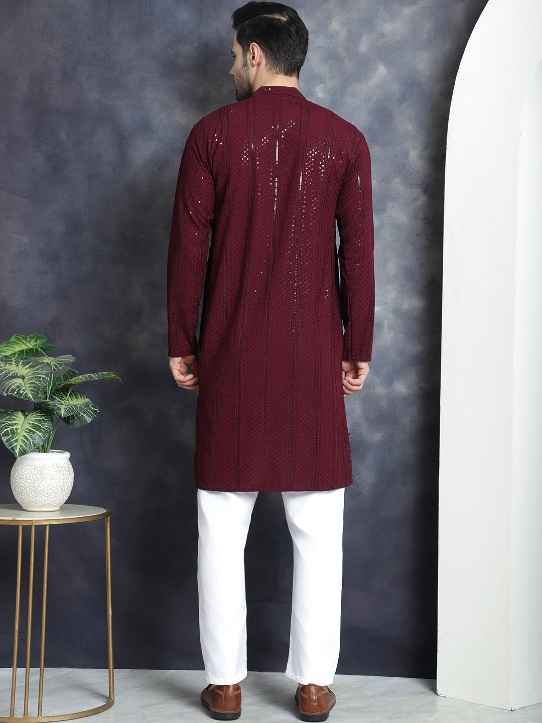 Men's Sequins Chikankari Embroidered Kurta with Pyjama - Taantav