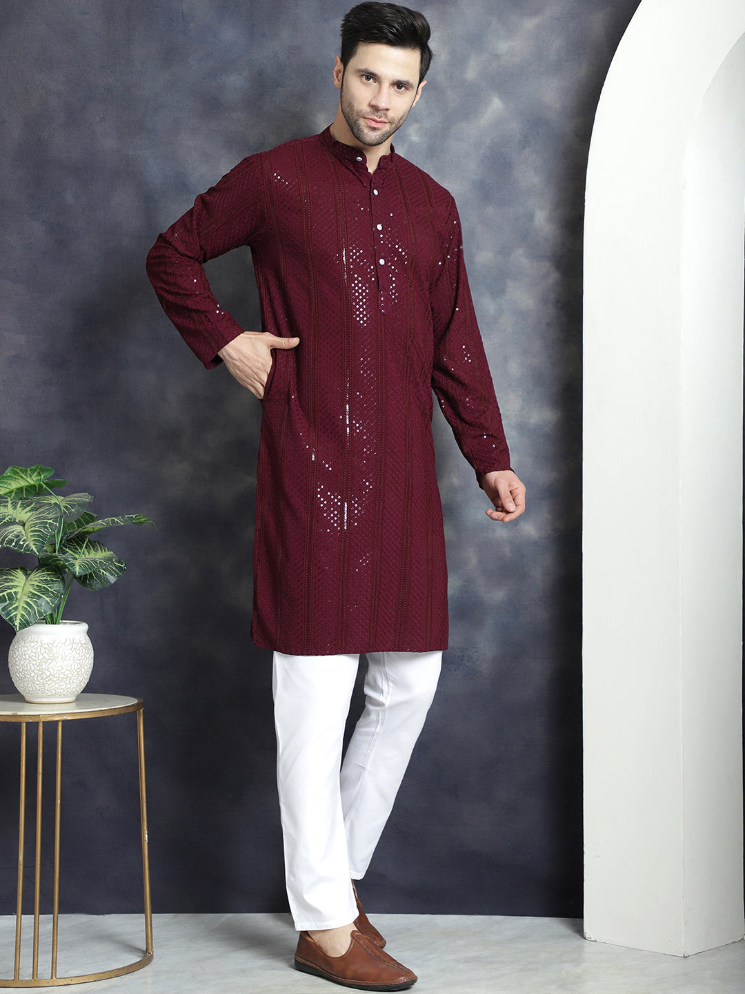 Men's Sequins Chikankari Embroidered Kurta with Pyjama - Taantav