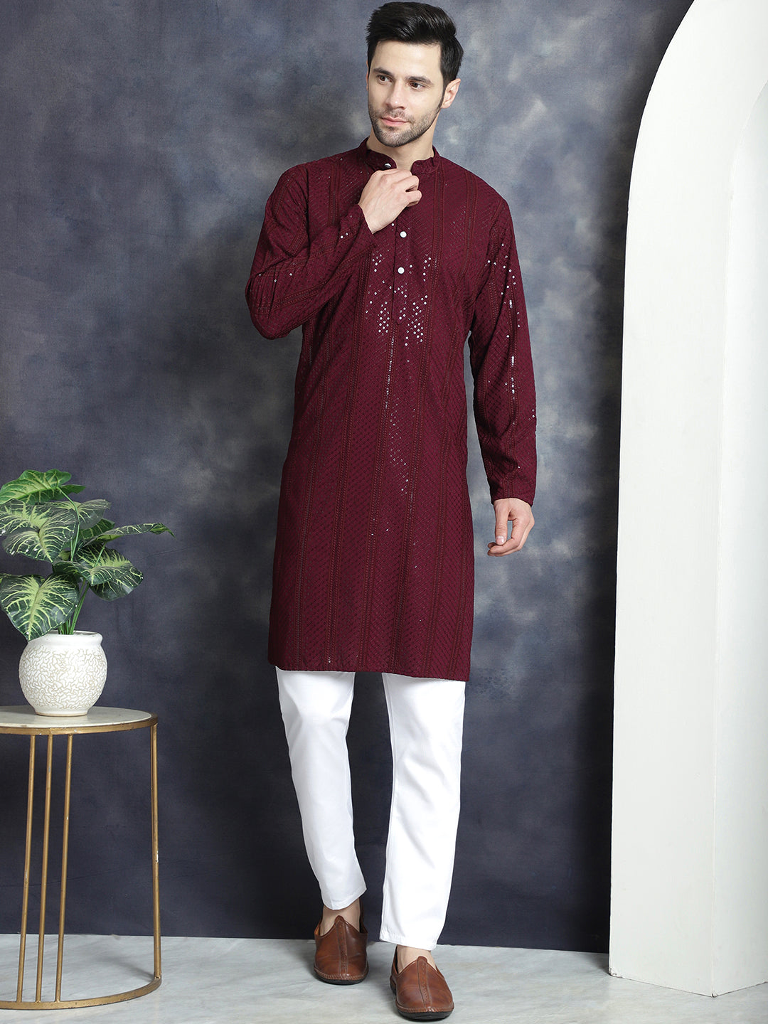 Men's Sequins Chikankari Embroidered Kurta with Pyjama - Taantav