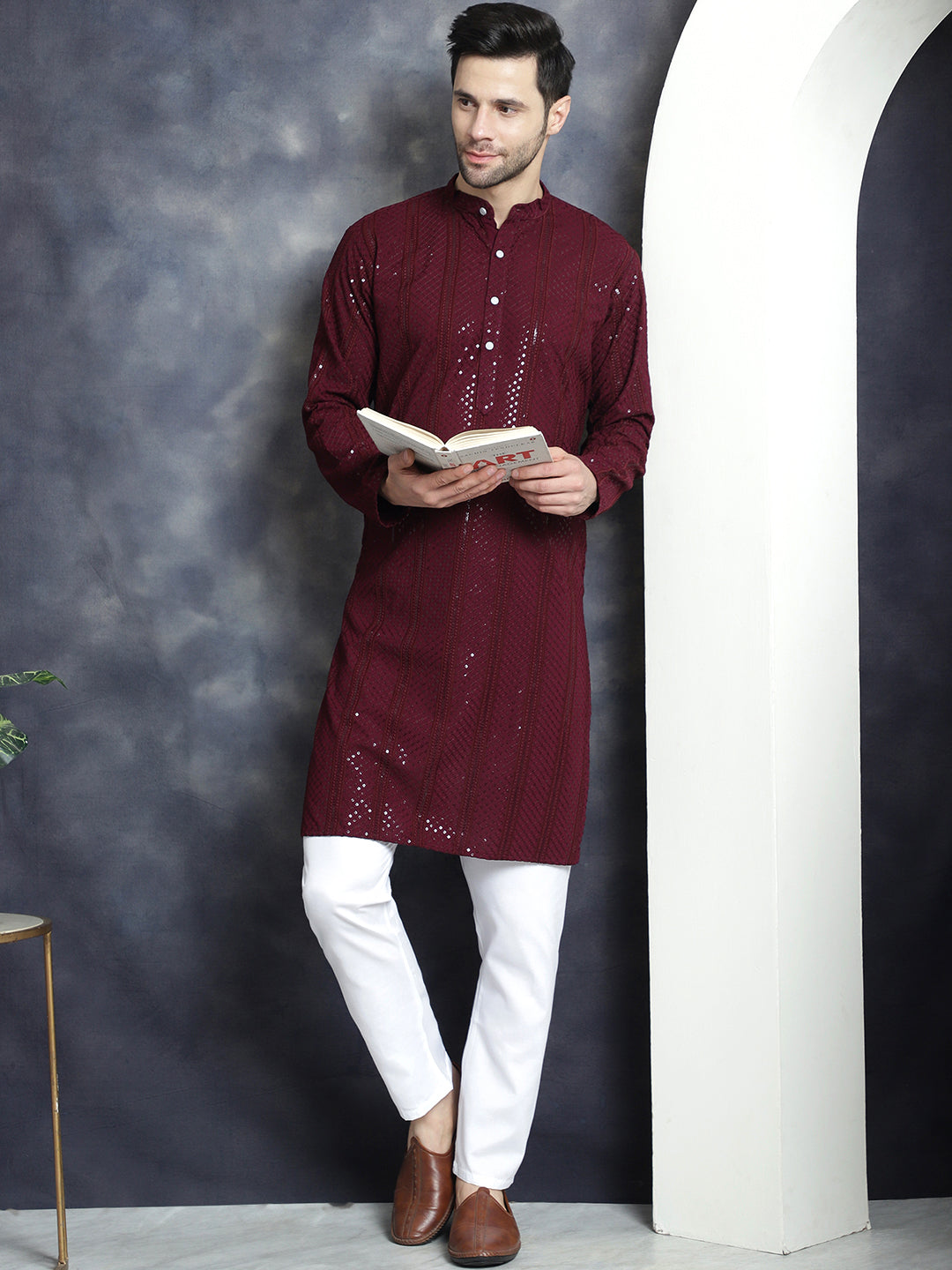 Men's Sequins Chikankari Embroidered Kurta with Pyjama - Taantav