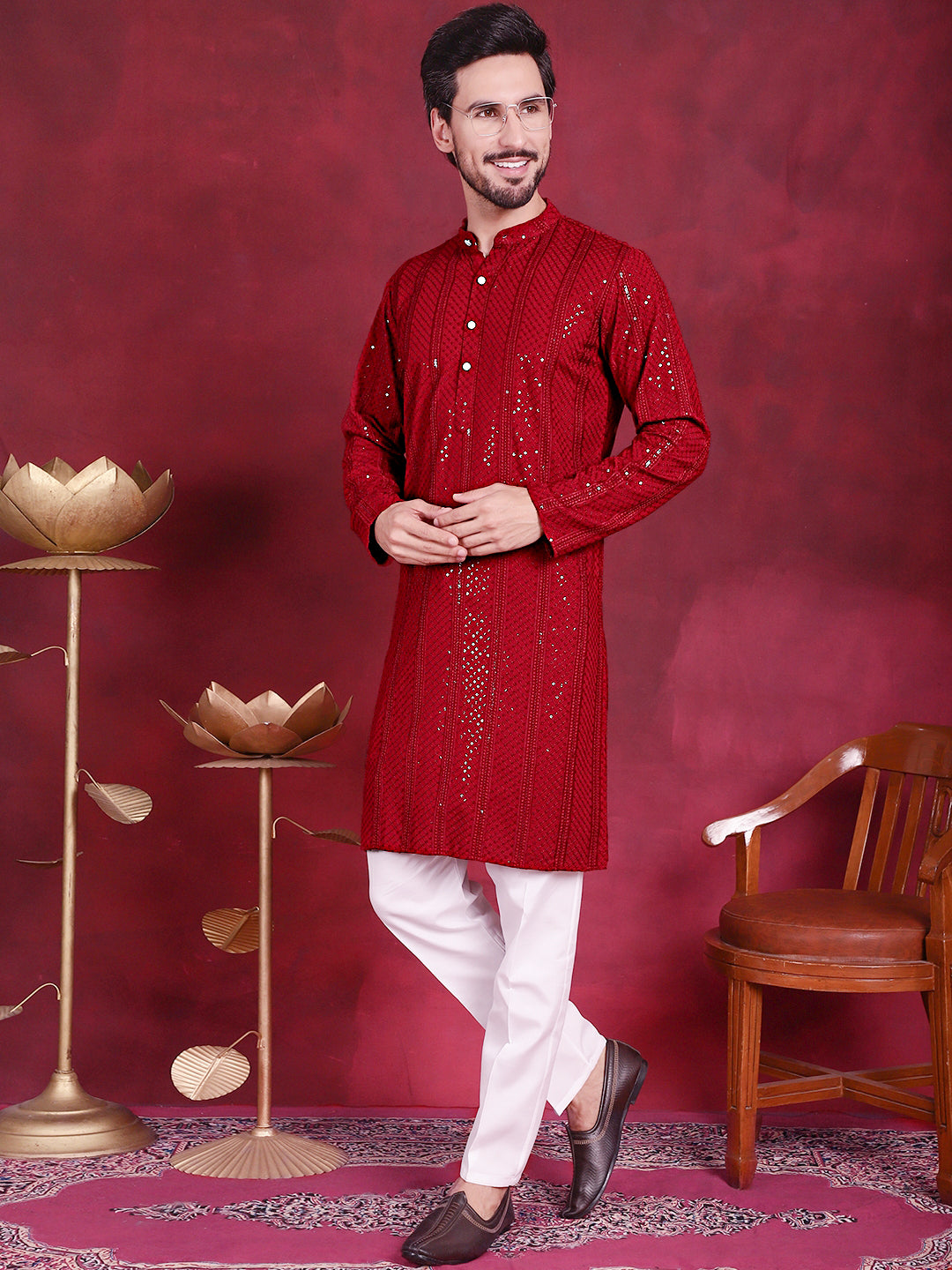 Men's Sequins Chikankari Embroidered Kurta with Pyjama - Taantav