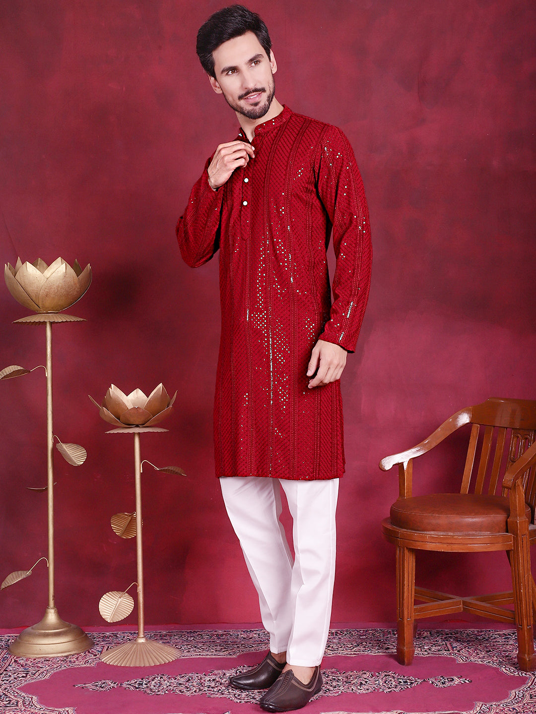 Men's Sequins Chikankari Embroidered Kurta with Pyjama - Taantav