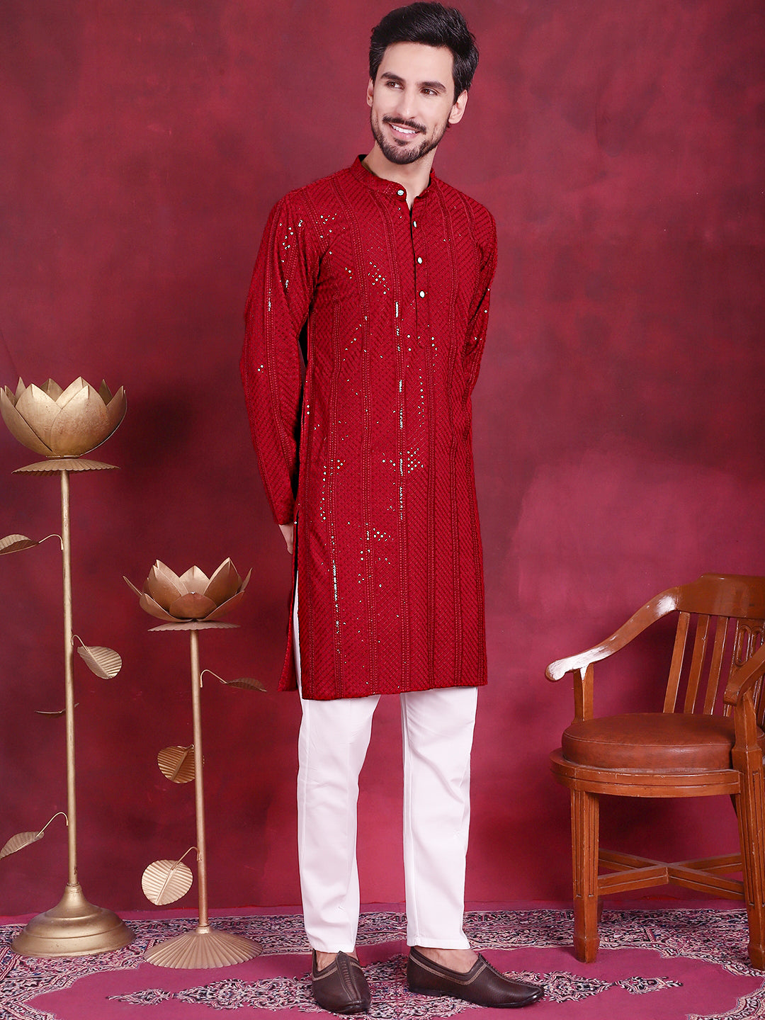 Men's Sequins Chikankari Embroidered Kurta with Pyjama - Taantav