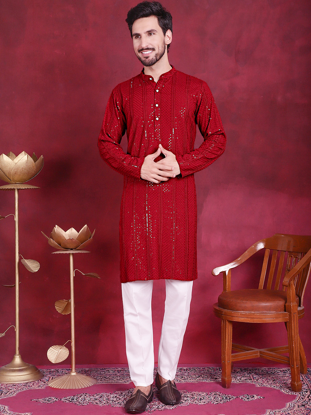 Men's Sequins Chikankari Embroidered Kurta with Pyjama - Taantav