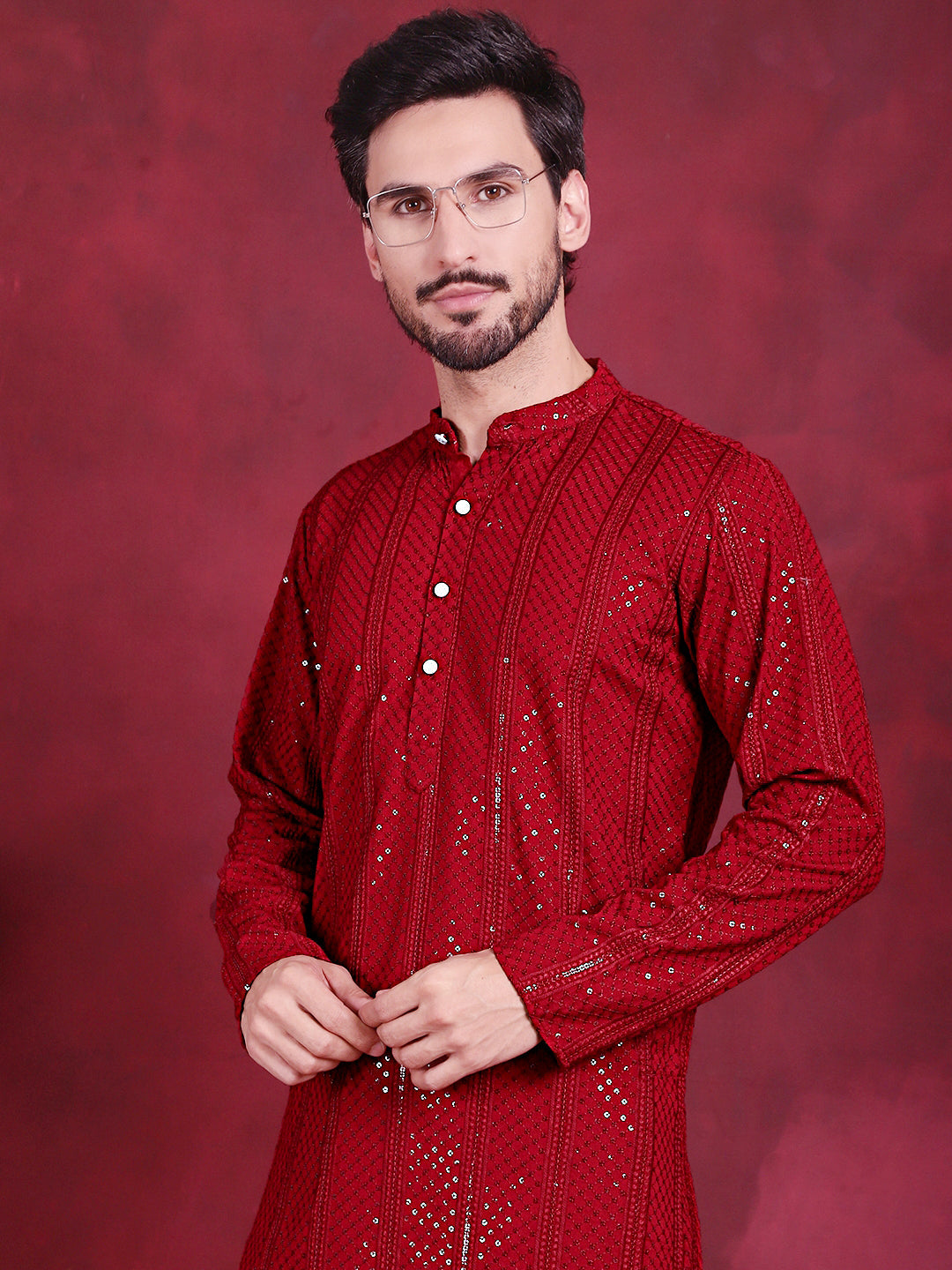 Men's Sequins Chikankari Embroidered Kurta with Pyjama - Taantav