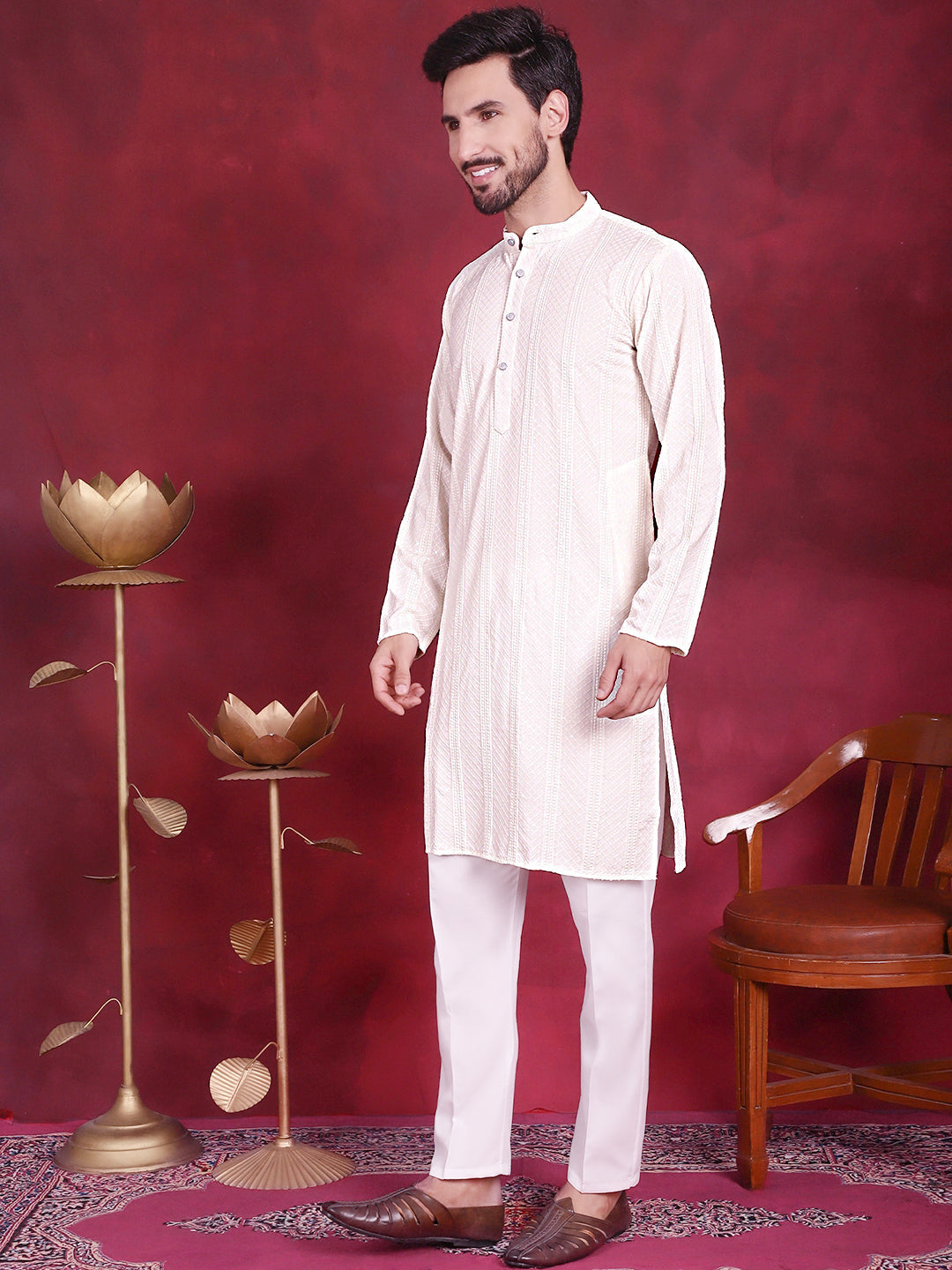 Men's Sequins Chikankari Embroidered Kurta with Pyjama - Taantav