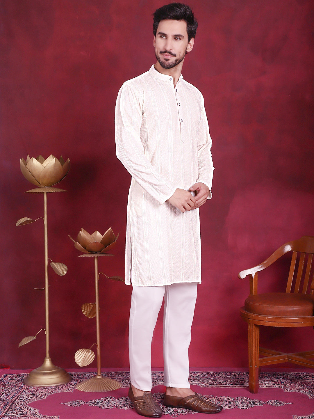 Men's Sequins Chikankari Embroidered Kurta with Pyjama - Taantav