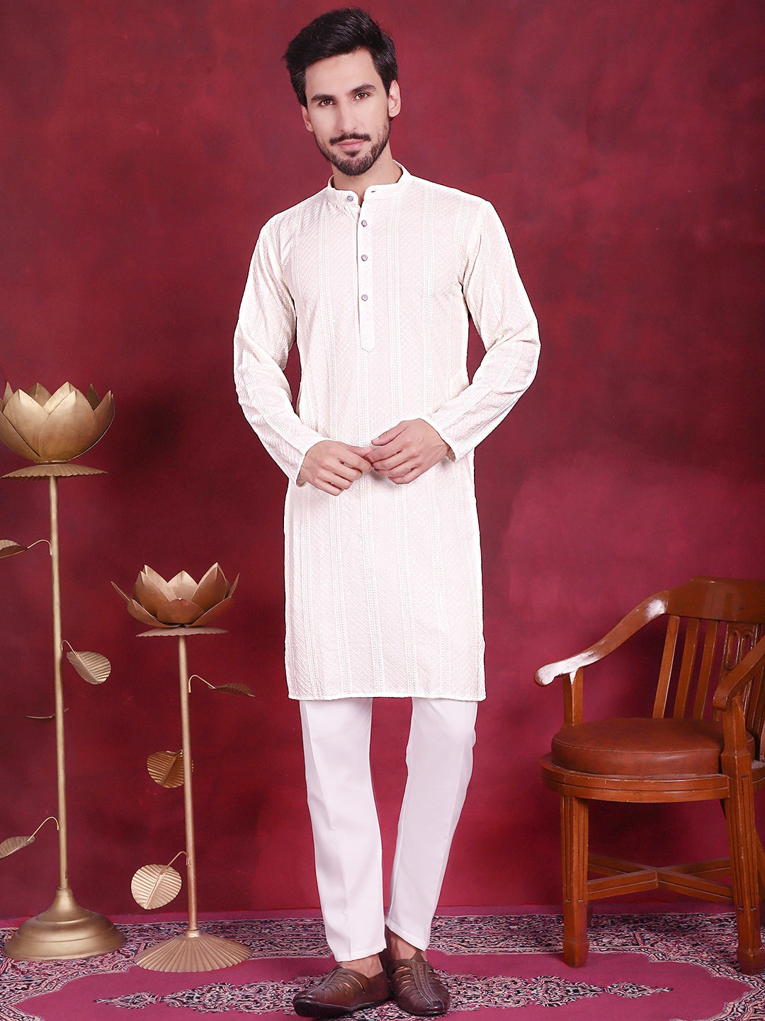 Men's Sequins Chikankari Embroidered Kurta with Pyjama - Taantav