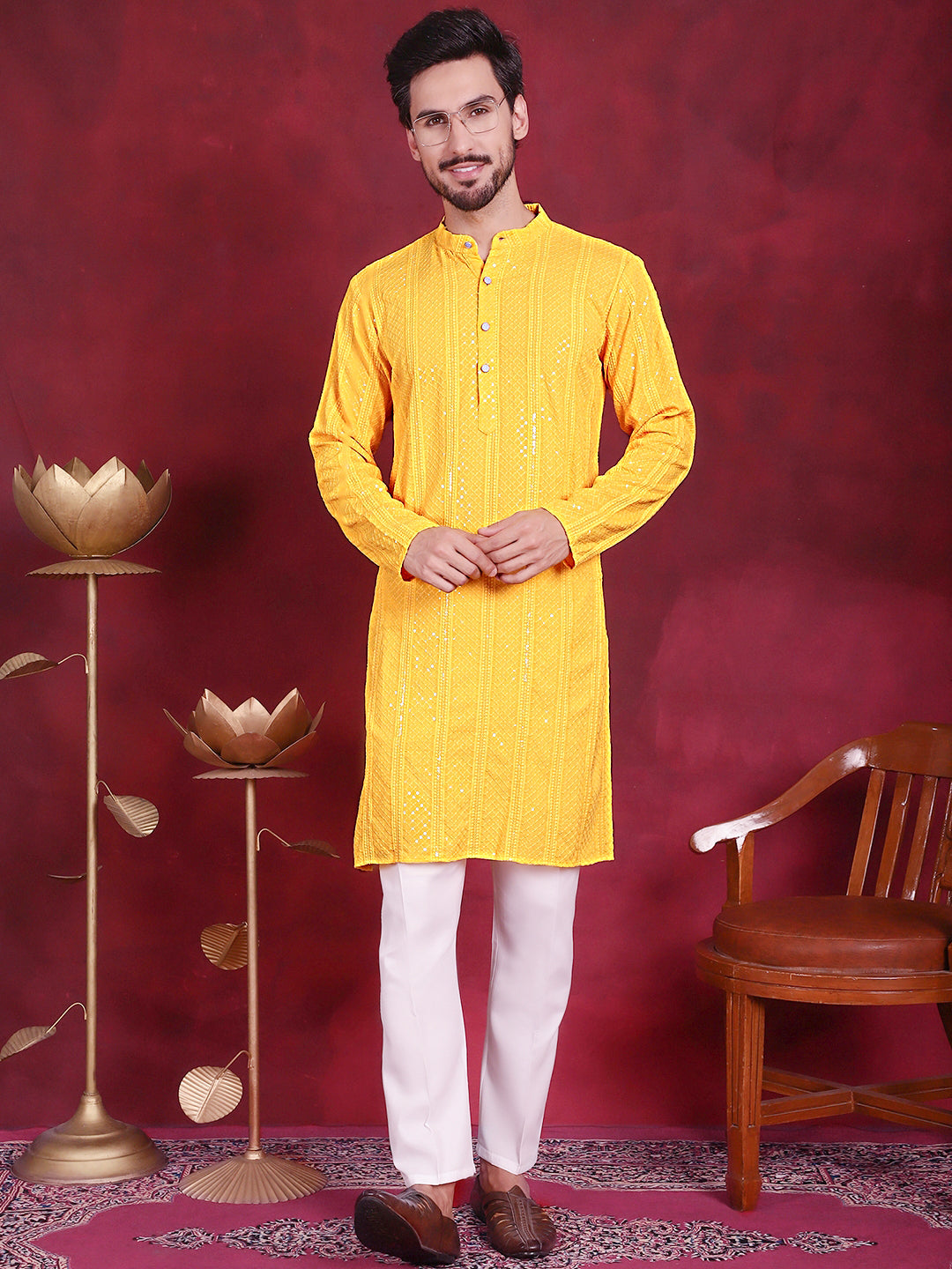 Men's Sequins Chikankari Embroidered Kurta with Pyjama - Taantav