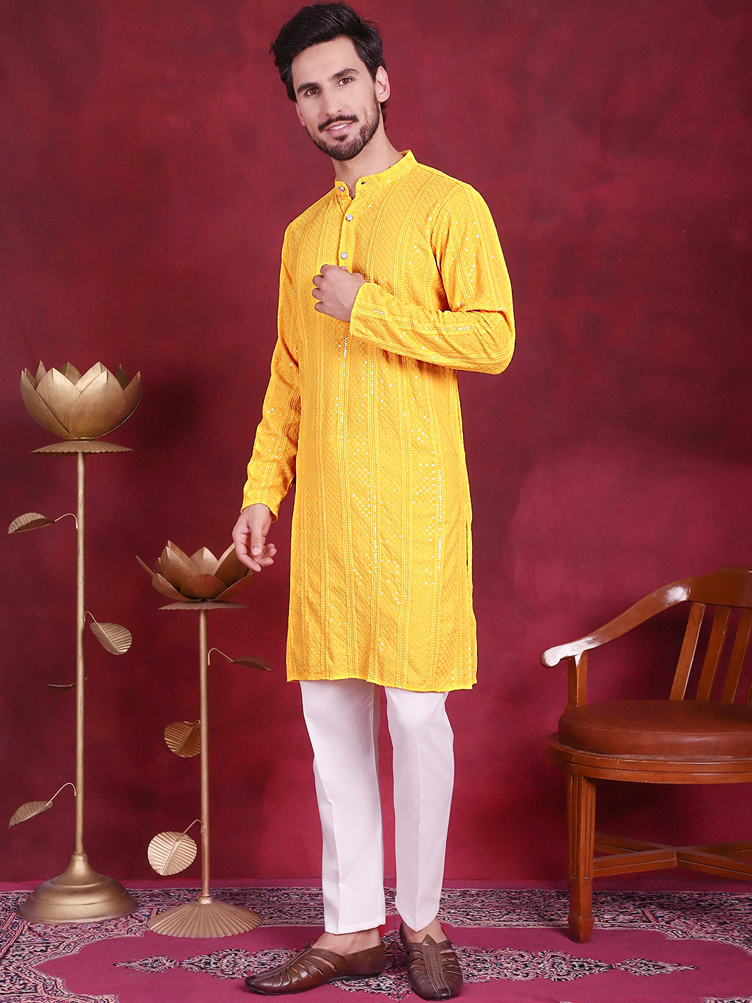 Men's Sequins Chikankari Embroidered Kurta with Pyjama - Taantav