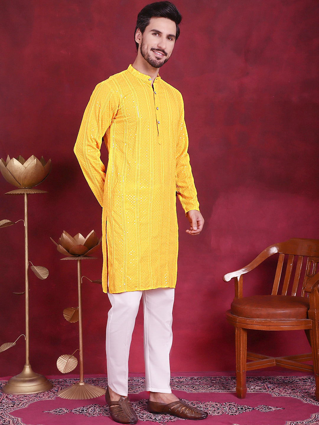 Men's Sequins Chikankari Embroidered Kurta with Pyjama - Taantav