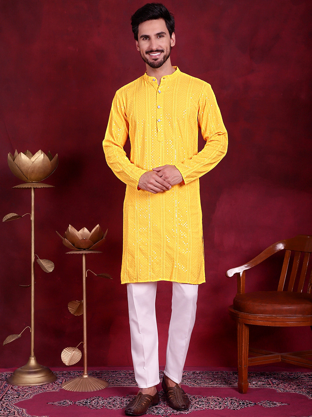 Men's Sequins Chikankari Embroidered Kurta with Pyjama - Taantav