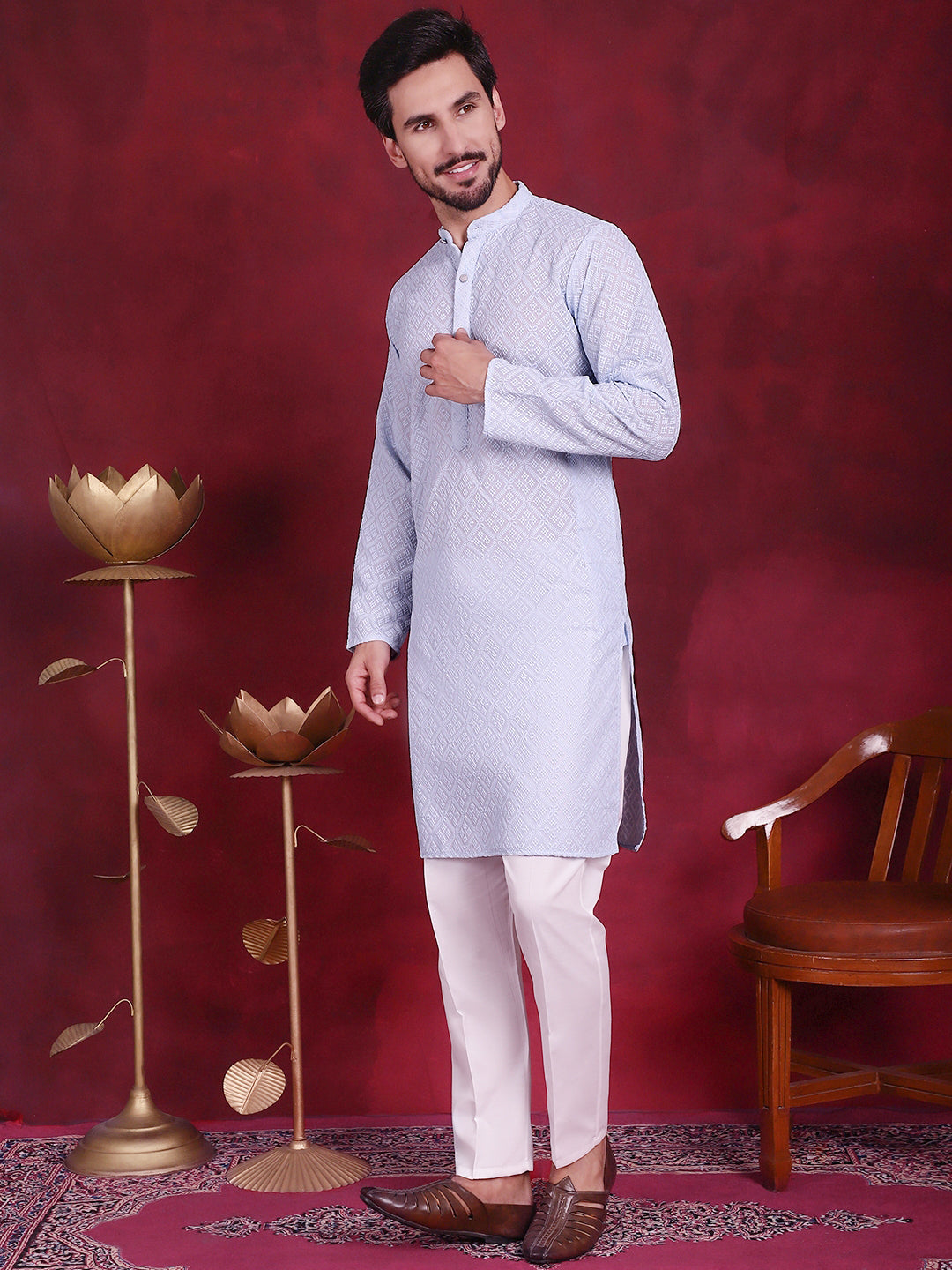 Men's Chikankari Embroidered Kurta with Pyjama - Taantav